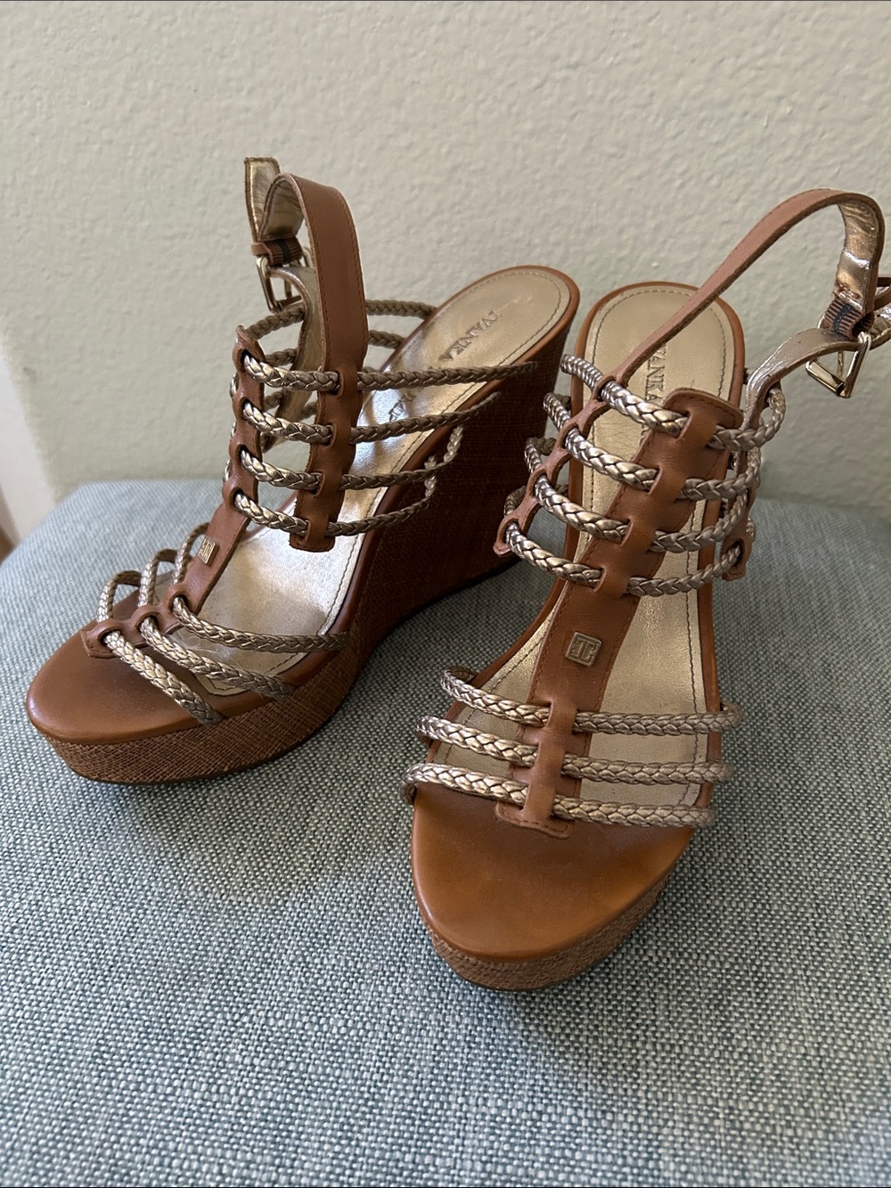 Ivanka Trump Tan and Metallic Braided Wedge Sandals